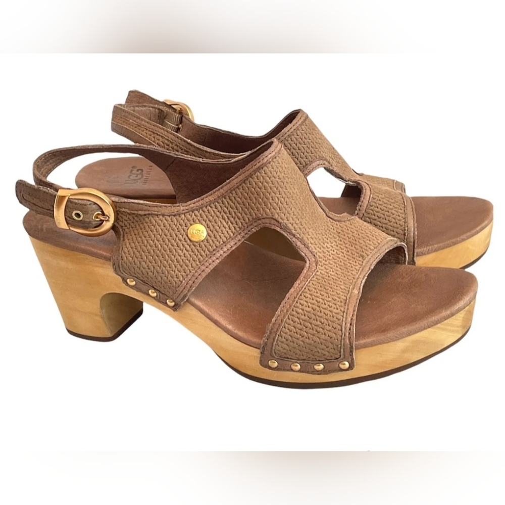 UGG Lomita Tan Leather Mosaic Sandals- Wooden Heel sling back buckle Size 6